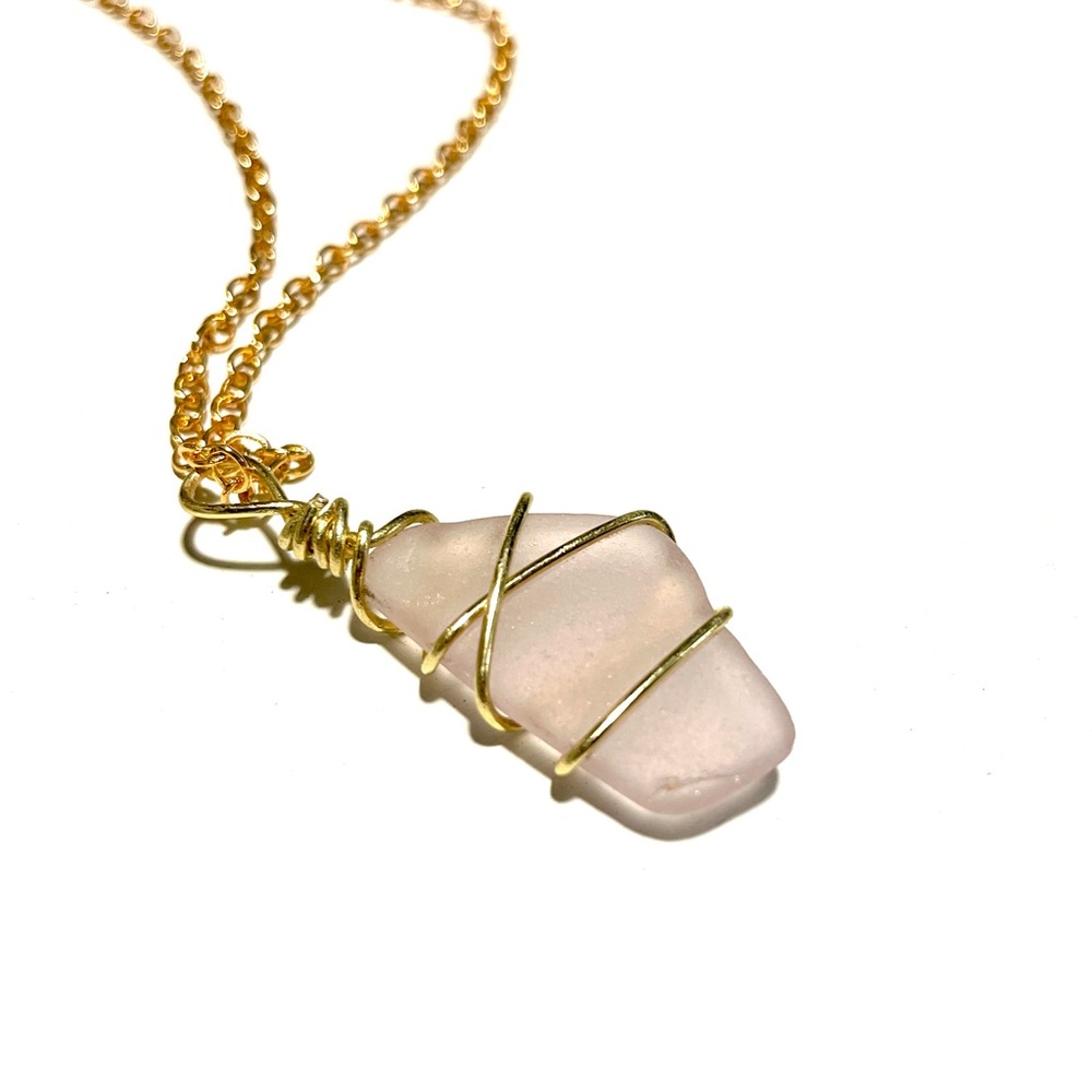 Hand Crafted 18K Plated Gold Wire Wrapped Sea Glass Necklace